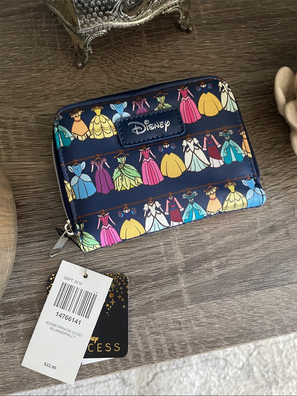 Disney Navy Zip Wallet with Multicolor Princess Dress Print
